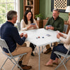 Square foldable card table with a white HDPE top, featuring a carrying handle for easy portability and indoor or outdoor use.