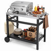 Double-shelf grill table with a stainless steel top, featuring storage for BBQ supplies and a propane tank holder for outdoor use.