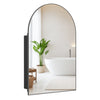 Arched mirror with brushed metal frame and adjustable shelves, perfect for wall-mounted bathroom storage.