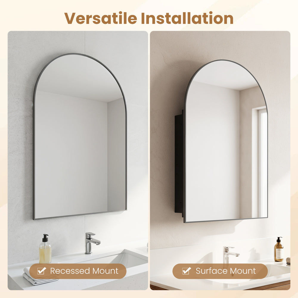 Brushed metal wall-mounted storage cabinet with arched mirror and adjustable shelves for versatile installation options.