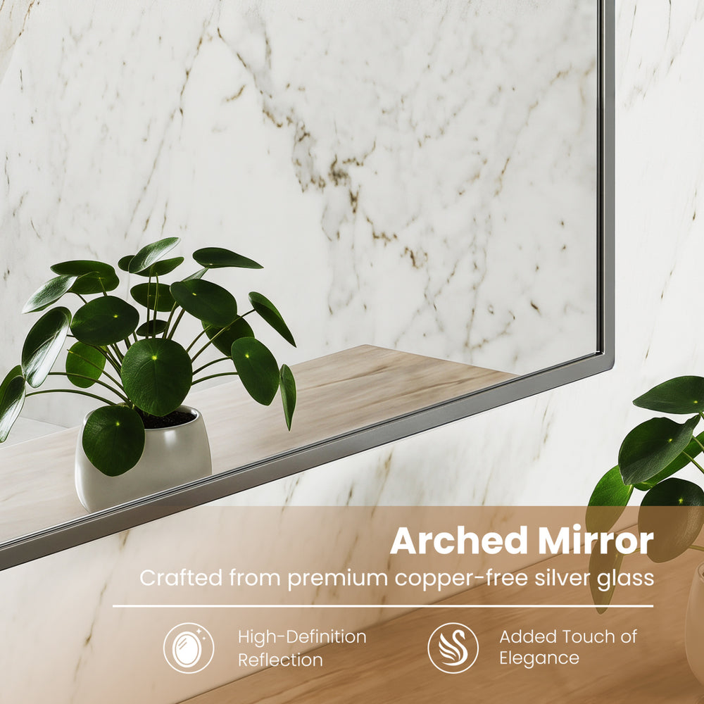 Brushed metal wall-mounted cabinet features an arched mirror and adjustable shelves for stylish and functional storage.