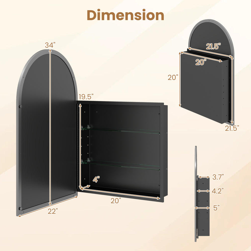 Brushed metal wall-mounted storage cabinet with arched mirror, featuring adjustable tempered glass shelves for versatile storage.