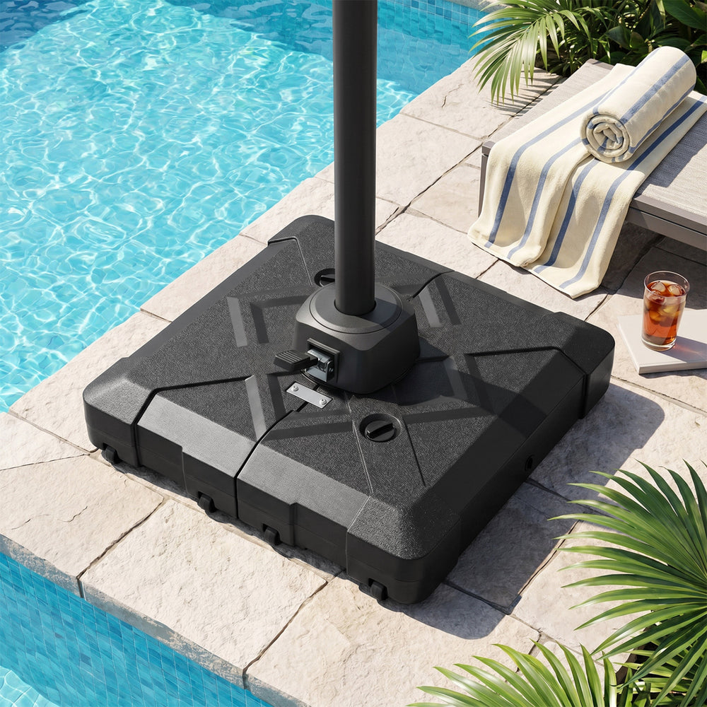 Cantilever patio umbrella base with wheels, 34" x 34", HDPE material, stabilizes umbrellas up to 10 FT, easy mobility.