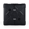34" x 34" cantilever patio umbrella base in black with 4 wheels, designed for easy mobility and stability.