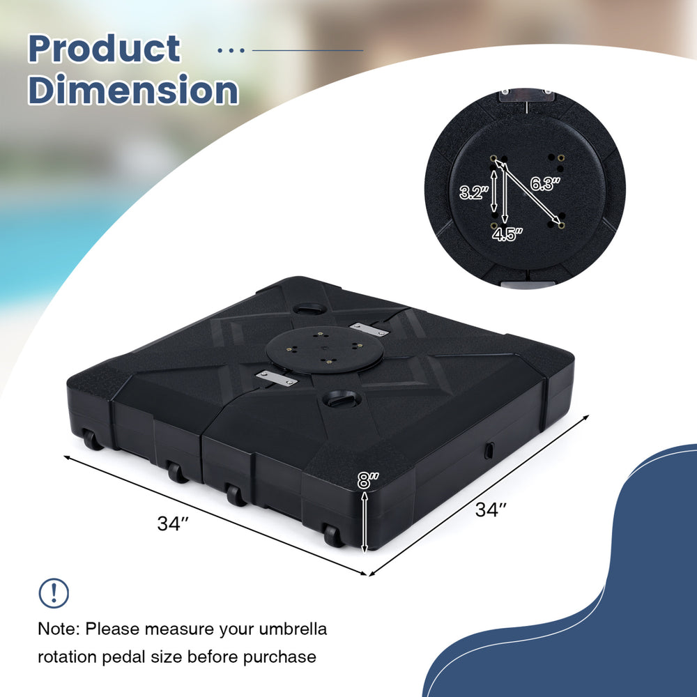34" x 34" cantilever patio umbrella base with 4 wheels, made of HDPE, designed for easy mobility and stability.