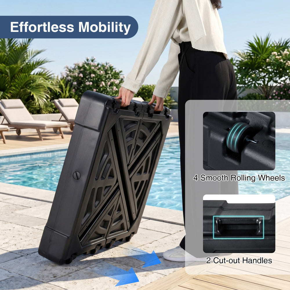 Cantilever patio umbrella base with 4 wheels, HDPE material, and cut-out handles for easy mobility and stability.