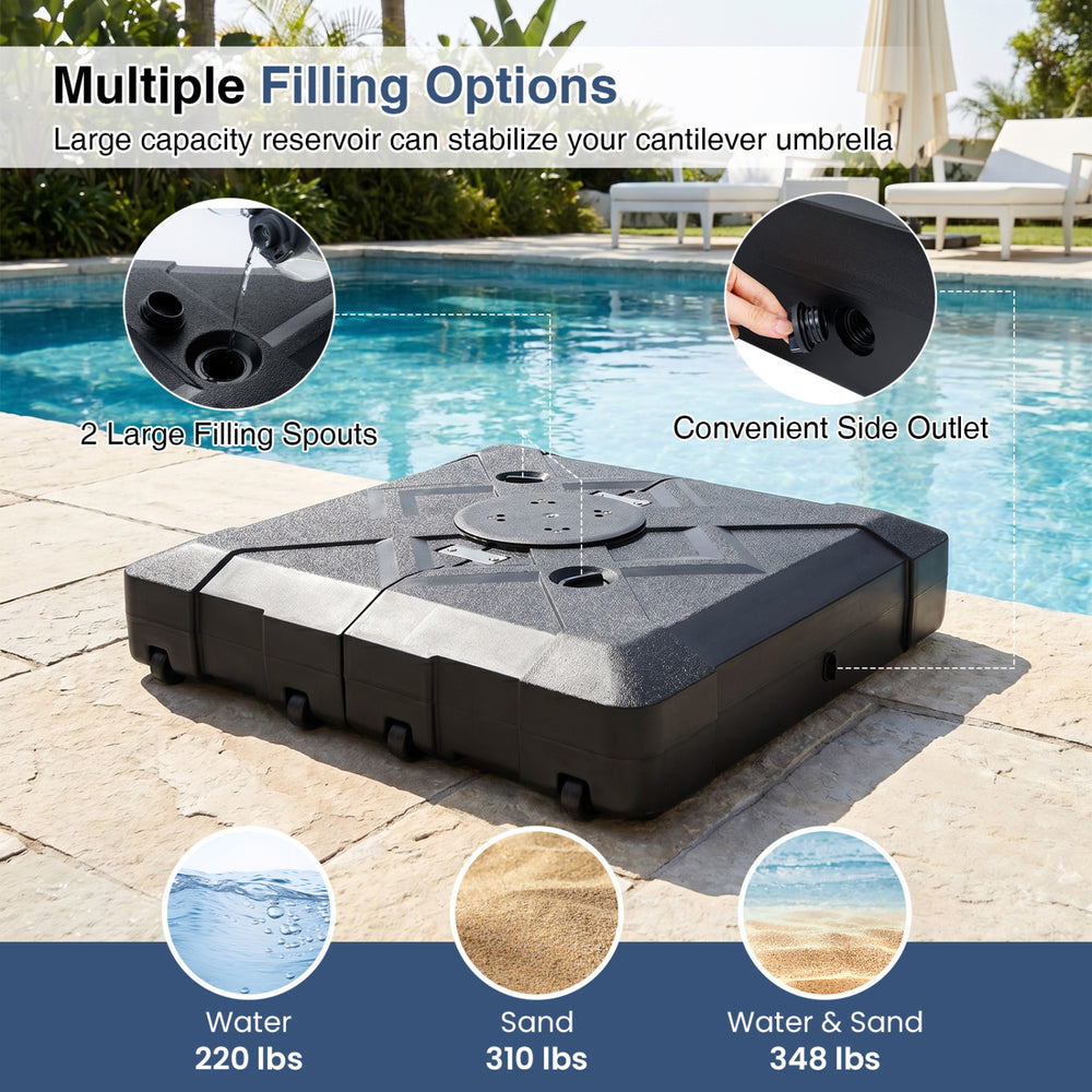 34" x 34" cantilever patio umbrella base with 4 wheels, featuring large capacity reservoir for water or sand filling.