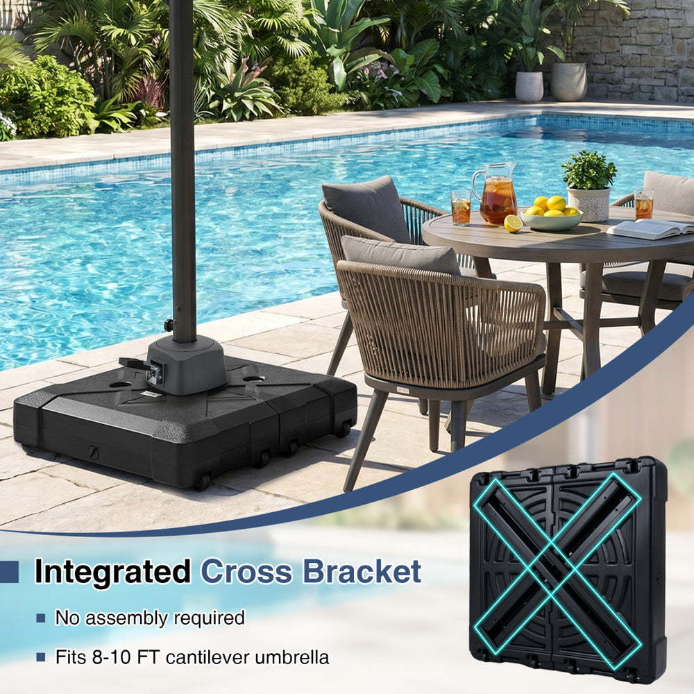 34" x 34" cantilever patio umbrella base with wheels, fits 8-10 FT umbrellas, made of durable HDPE for easy mobility.