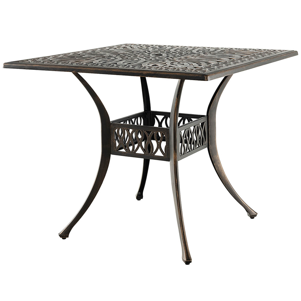 Square aluminum patio dining table in bronze with umbrella hole, perfect for four people, ideal for outdoor settings.