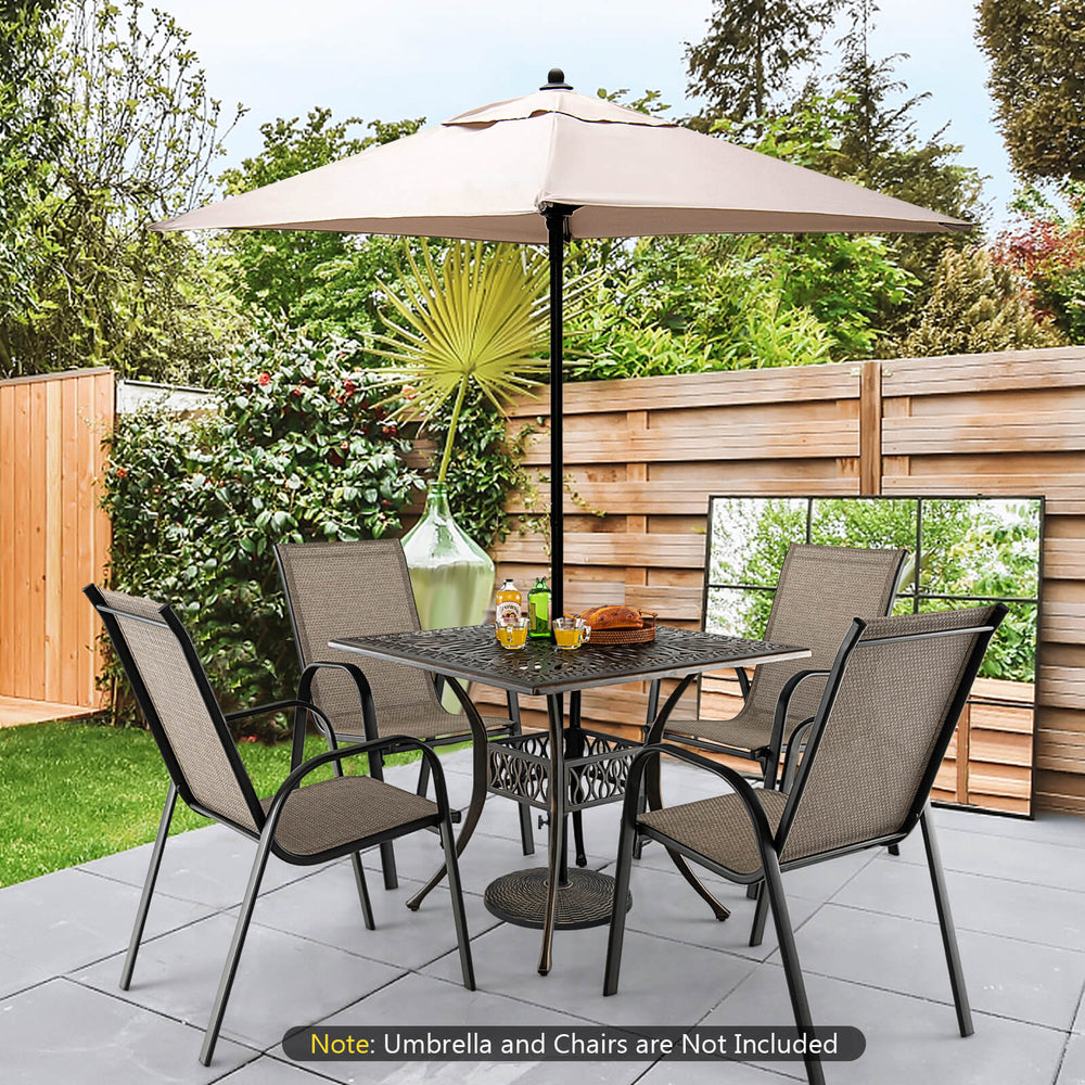 35.4-inch bronze aluminum patio dining table with umbrella hole, perfect for 4 people in backyard or patio settings.