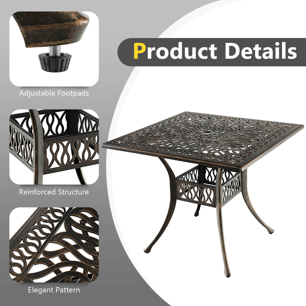 Square 35.4-inch aluminum patio dining table in bronze with umbrella hole, designed for outdoor use and stability.