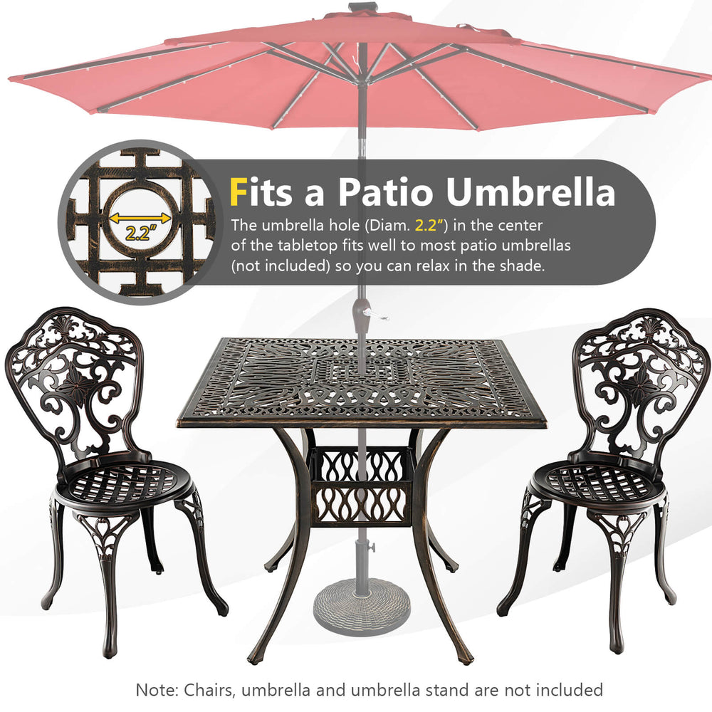 Square aluminum patio dining table with 2" umbrella hole, bronze finish, perfect for outdoor gatherings.