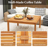 Acacia wood coffee table with slatted design and firm screw connection, perfect for backyard or poolside use.
