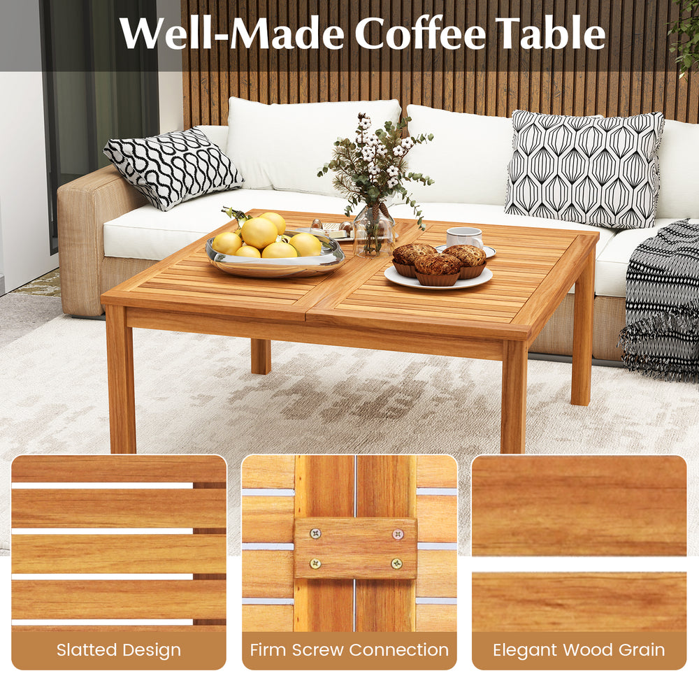 Acacia wood coffee table with slatted design and firm screw connection, perfect for backyard or poolside use.
