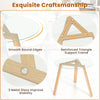 Round glass dining table with rubber wood frame, featuring a triangular support structure for stability and safety.