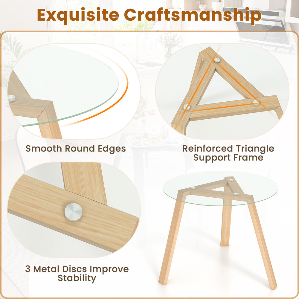 Round glass dining table with rubber wood frame, featuring a triangular support structure for stability and safety.