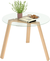 Round glass dining table with a natural rubber wood frame, 36" wide, ideal for dining or living room use.
