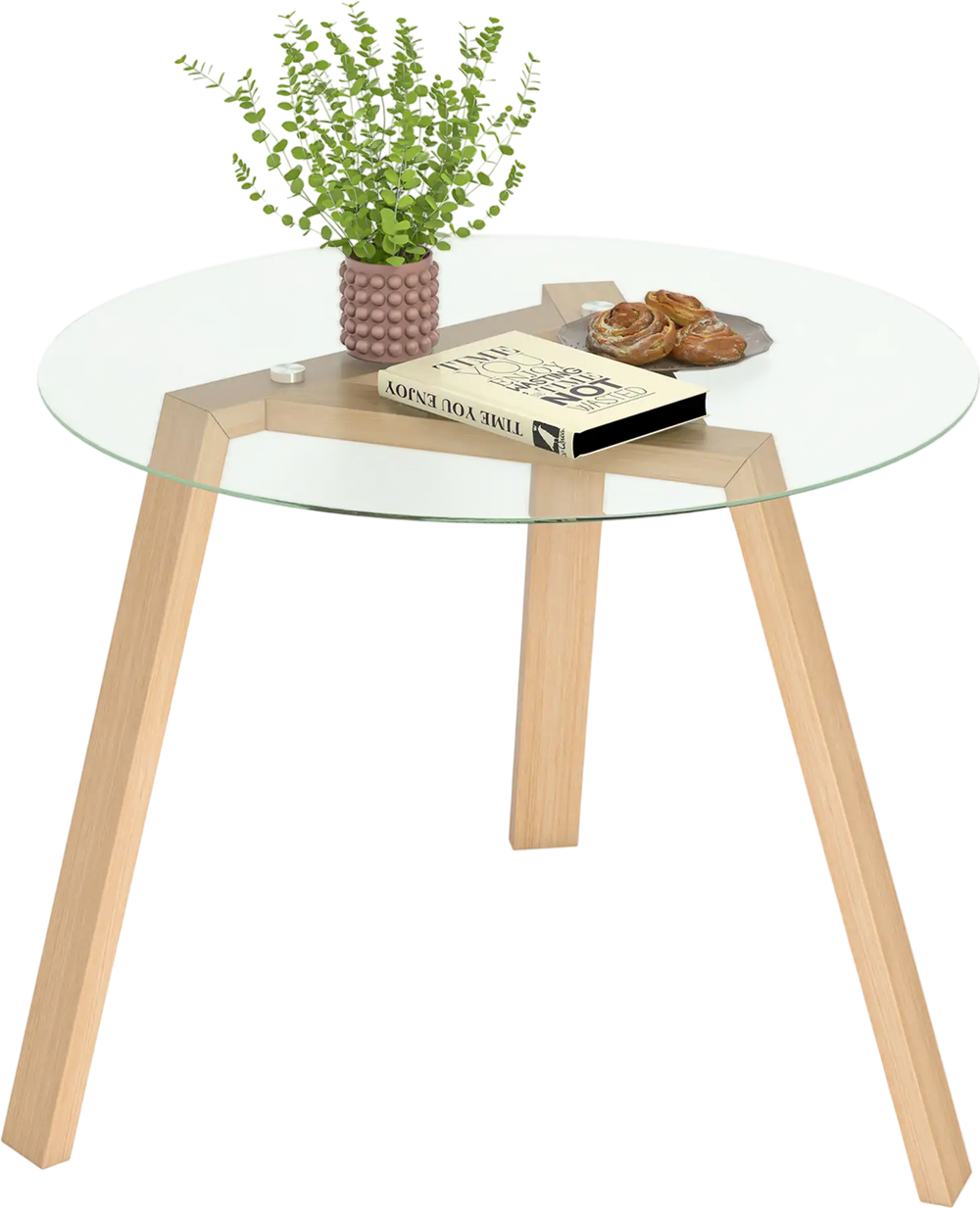 Round glass dining table with a natural rubber wood frame, 36" wide, ideal for dining or living room use.