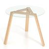Round glass dining table with a natural rubber wood frame, featuring a stable triangular structure for versatile use.