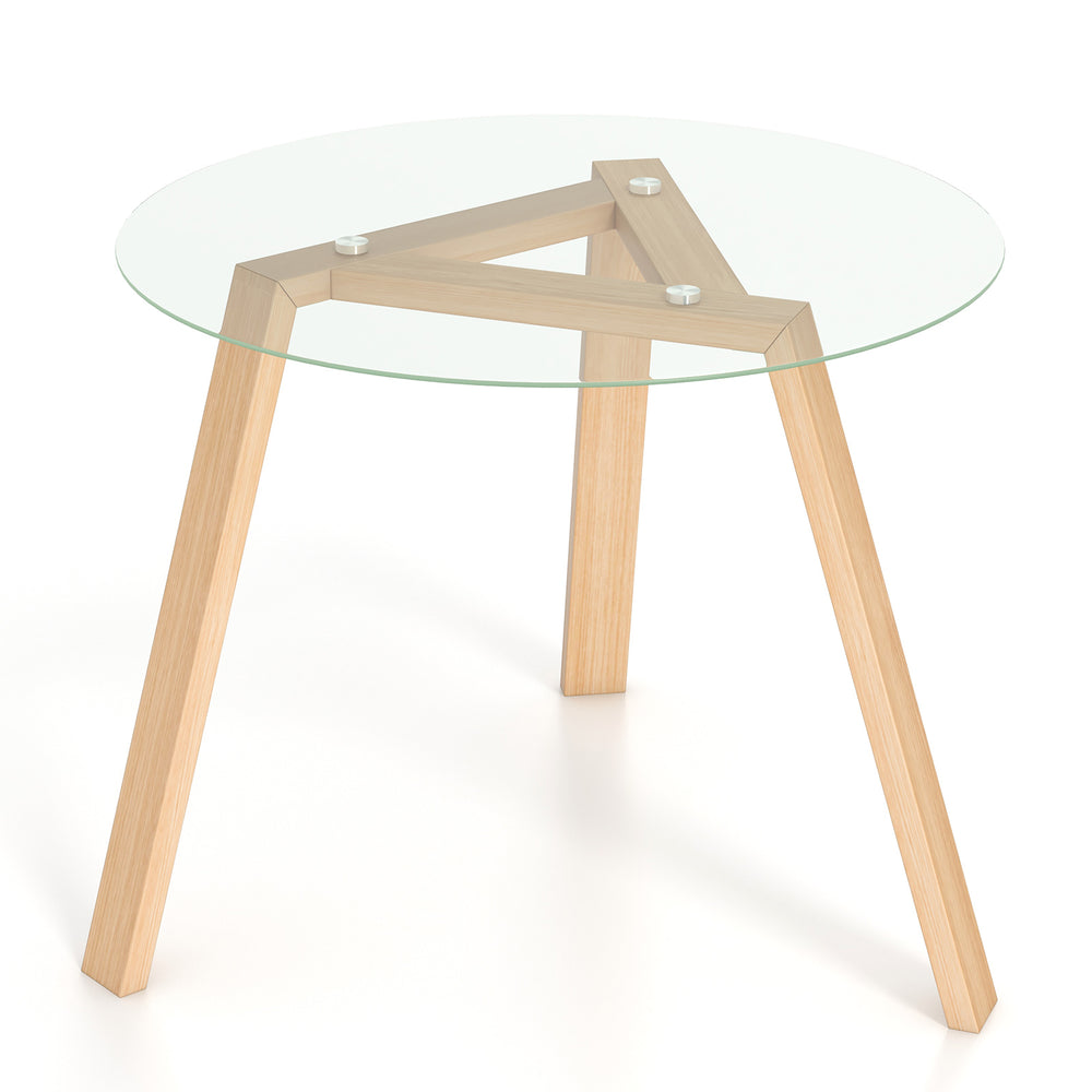 Round glass dining table with a natural rubber wood frame, featuring a stable triangular structure for versatile use.