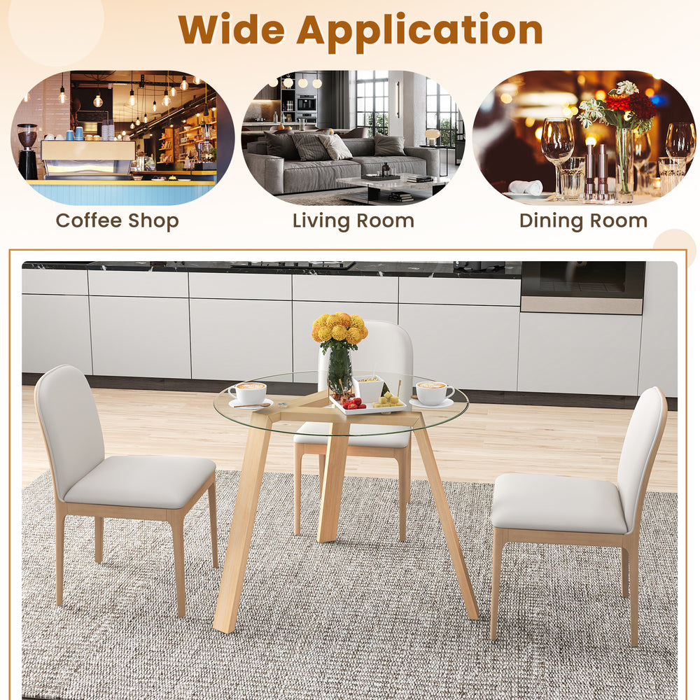 Round 36-inch glass dining table with rubber wood frame, perfect for dining room or living room use.