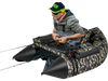 Inflatable fishing float tube in camouflage with adjustable backrest, paddle, and storage net for fishing trips.