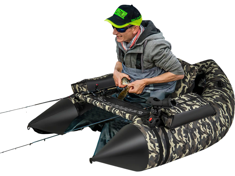 Inflatable fishing float tube in camouflage with adjustable backrest, paddle, and storage net for fishing trips.