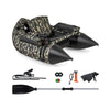 Inflatable fishing float tube with camouflage design, adjustable backrest, and aluminum paddle for easy maneuvering.