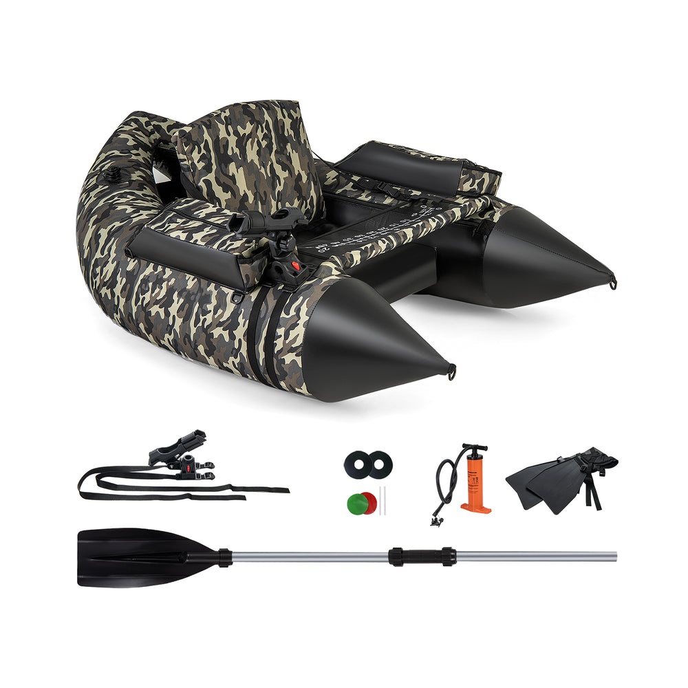 Inflatable fishing float tube with camouflage design, adjustable backrest, and aluminum paddle for easy maneuvering.