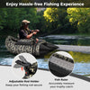Inflatable fishing float tube in camouflage with adjustable rod holder and fish ruler, perfect for secure fishing trips.