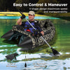 Inflatable fishing float tube in camouflage with adjustable backrest, 49" paddle, and easy maneuverability for fishing.