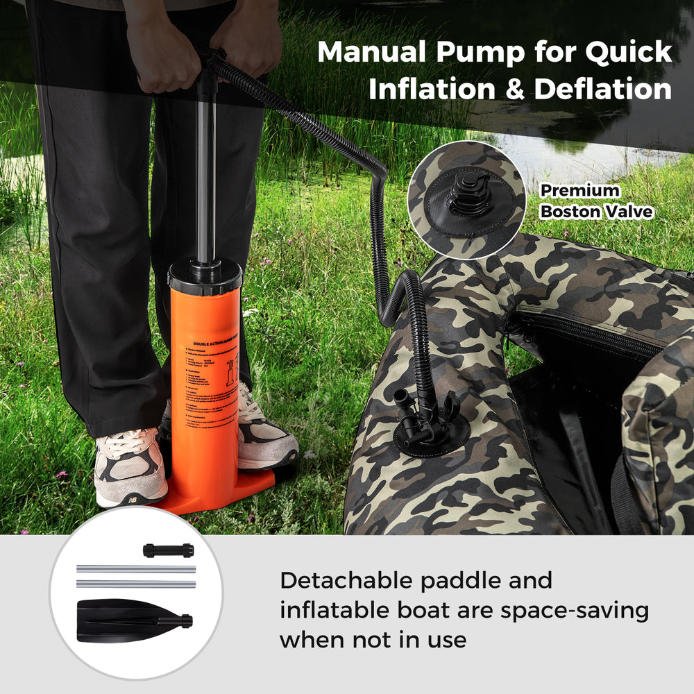 Manual pump for quick inflation of the camouflage inflatable fishing float tube with adjustable backrest and backpack.