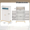 Dimensions of the white freestanding kitchen pantry cabinet with LED light strip, shelves, and power outlets for.
