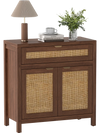 Sideboard storage cabinet in brown with rattan doors and drawer, featuring adjustable shelf for versatile organization.