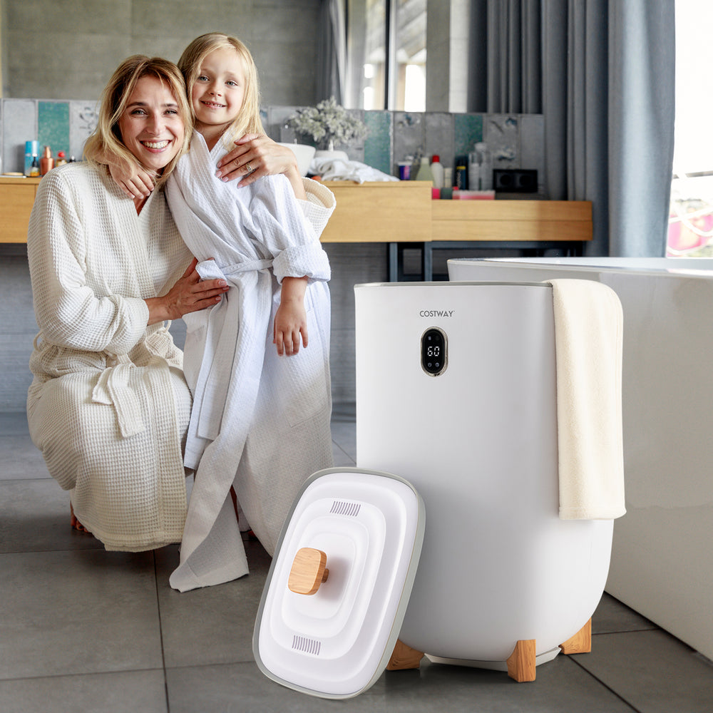 Large 35L towel warmer bucket in white, featuring a sleek design and auto shut-off function, perfect for warm, dry.