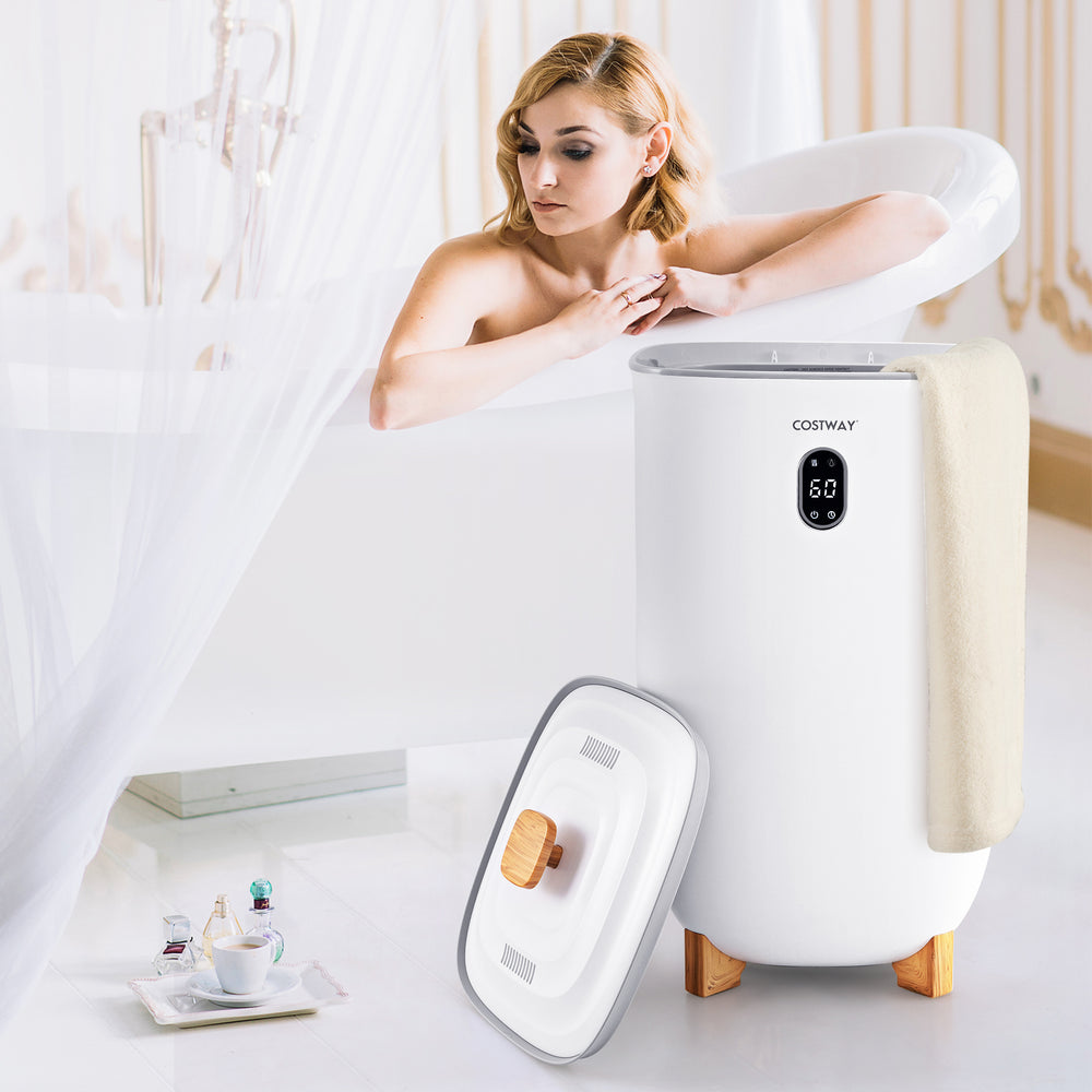 Large 35L white towel warmer bucket with auto shut-off, designed for rapid heating and drying towels for a luxurious.