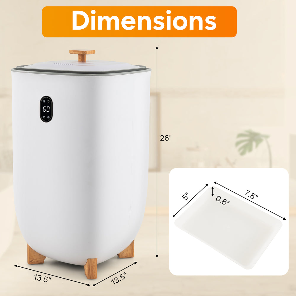 Cylindrical 35L towel warmer bucket in white with dimensions, featuring a water collection tray and auto shut-off.