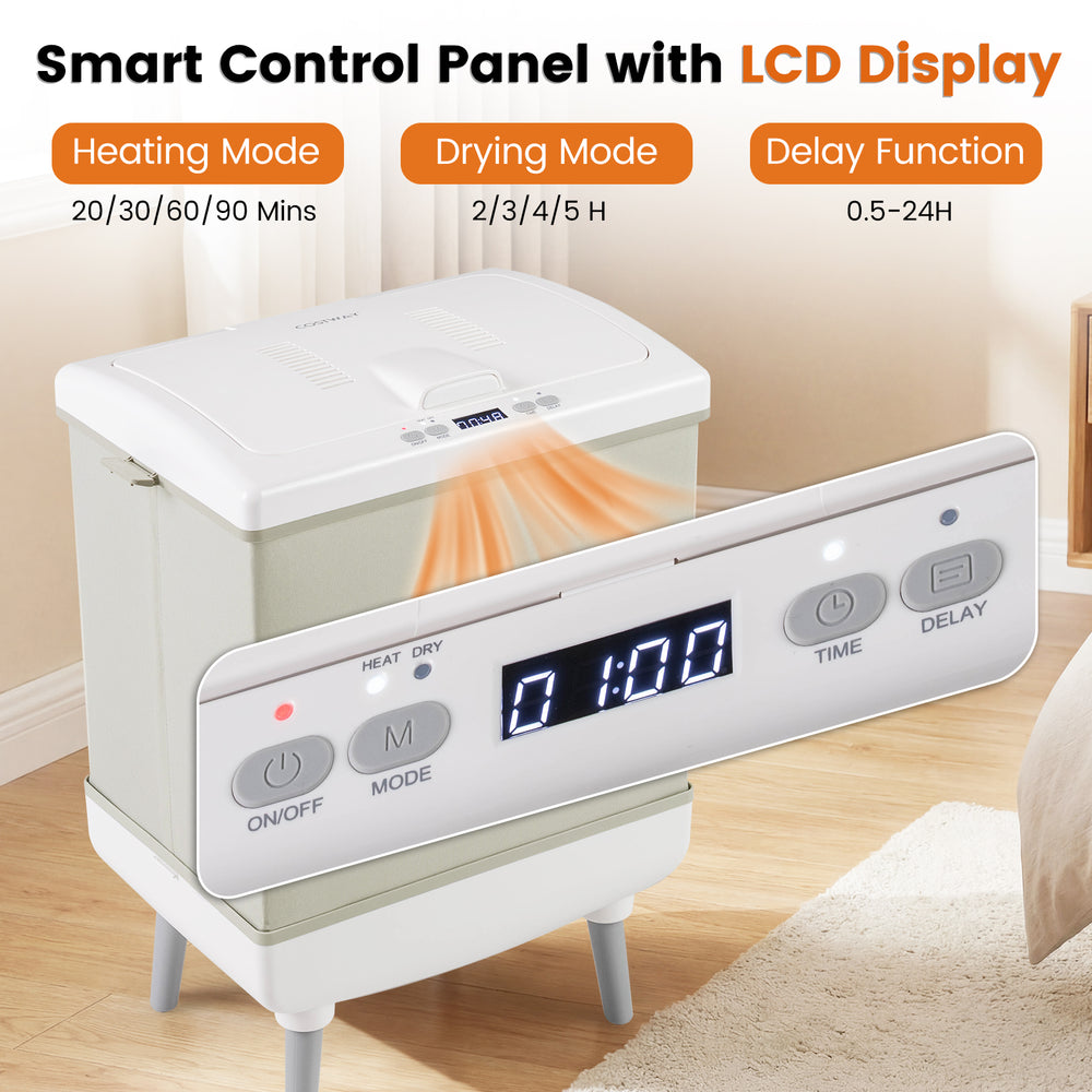 Large 35L towel warmer in beige with smart control panel, heating and drying modes, ideal for bathroom use.