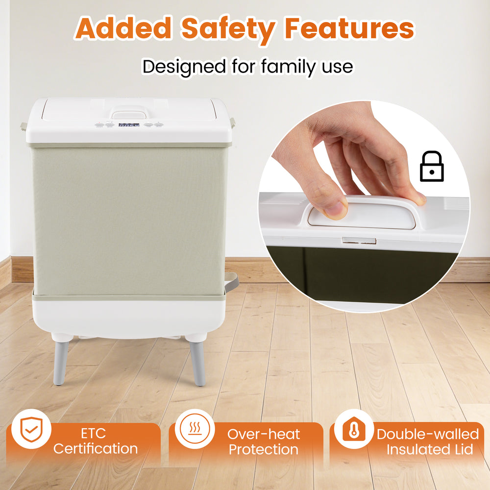 35L beige towel warmer with double-walled insulated lid, child lock, and overheat protection for safe family use.