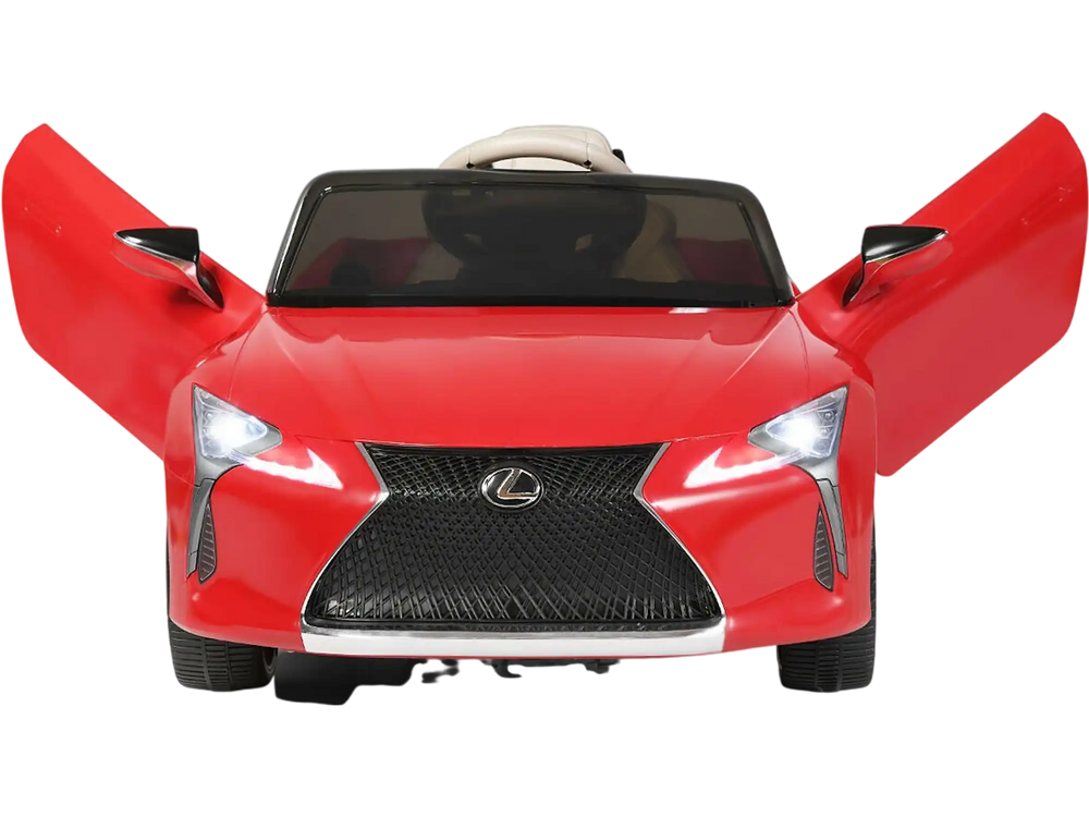 Red Lexus LC500 kids ride-on car with remote control, featuring LED lights and spring suspension for smooth driving.