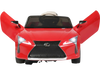 Red Lexus LC500 kids ride-on car with remote control, featuring LED lights and spring suspension for smooth driving.