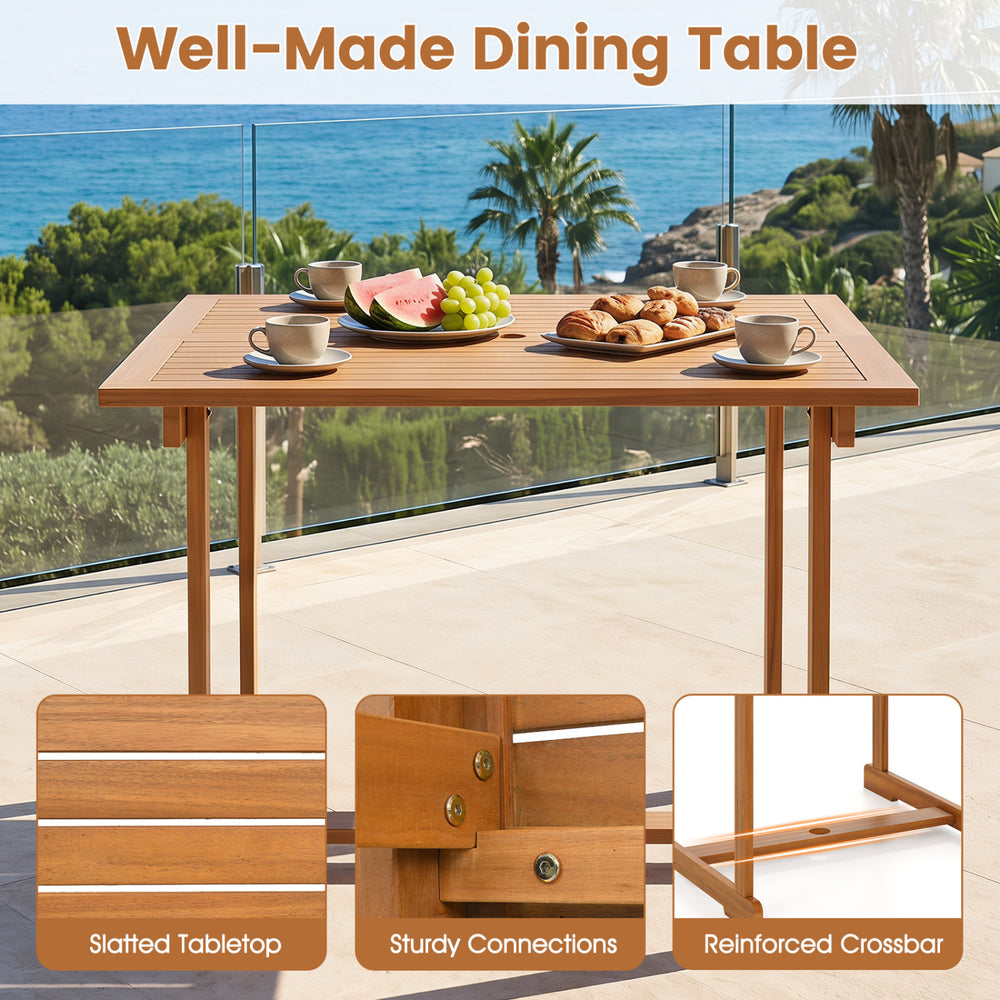 Acacia wood outdoor dining table with slatted tabletop and umbrella hole, perfect for gatherings in gardens or patios.