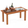 Rectangular outdoor coffee table with slatted top, solid hardwood, finished with teak oil for backyard use.