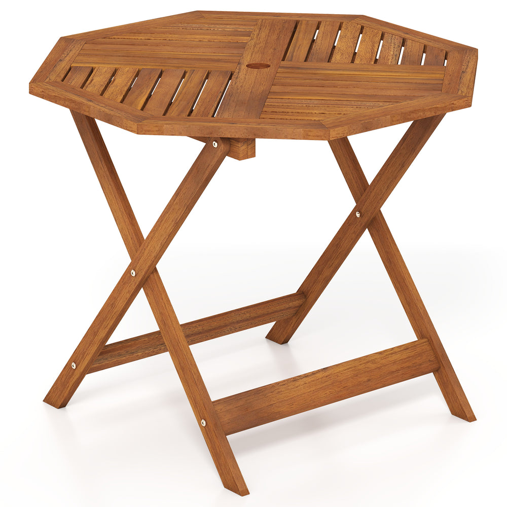 Octagonal solid wood patio dining table with slatted design and 1.97-inch umbrella hole, ideal for outdoor use.