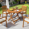 Octagonal solid wood patio dining table with umbrella hole, featuring a slatted design for airflow and easy cleanup.