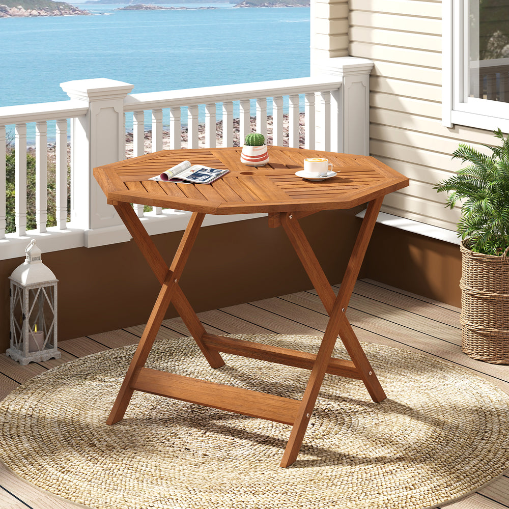 Octagonal solid wood patio dining table with slatted design, featuring a 1.97-inch umbrella hole for outdoor use.