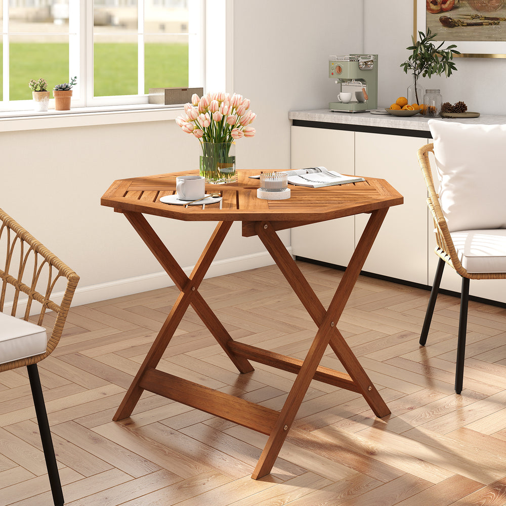 Octagonal solid wood patio dining table with slatted design and umbrella hole, perfect for indoor or outdoor use.