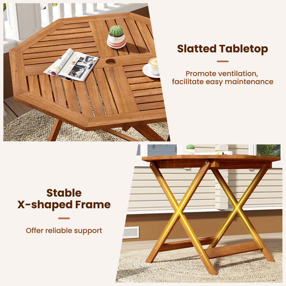 Octagonal solid wood patio dining table with slatted surface and X-shaped frame, ideal for outdoor gatherings.