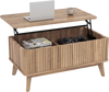 Lift-top walnut coffee table with fluted design, spacious storage, and rubber wood legs, ideal for living room use.