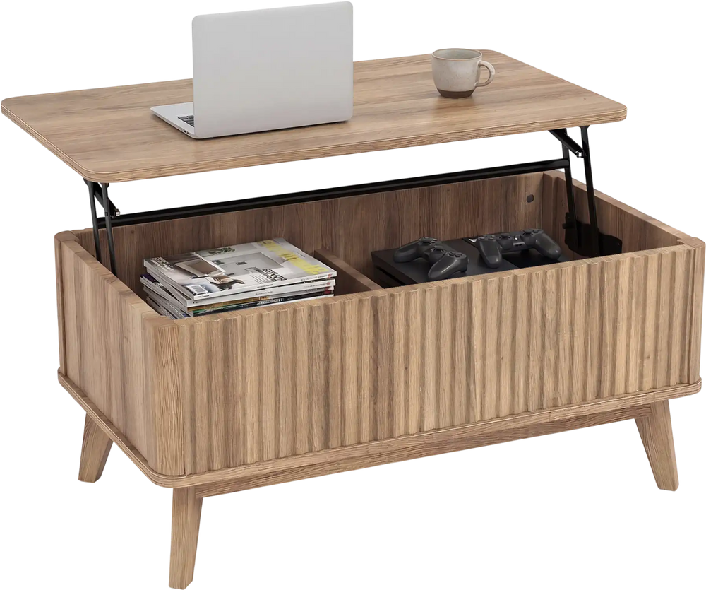 Lift-top walnut coffee table with fluted design, spacious storage, and rubber wood legs, ideal for living room use.